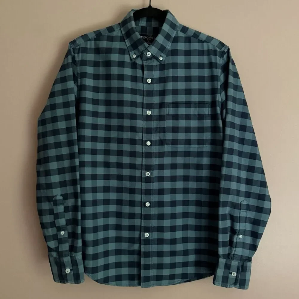 J Crew Mens S Mercantile Flex Blue Plaid Button Up Collared Shirt Long Sleeve
